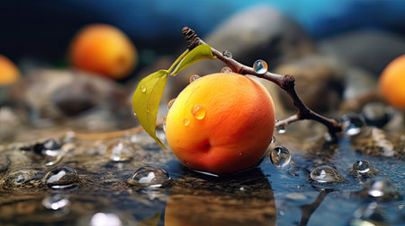 Fresh ripe Apricot fruit illustration. Natural food colorful background. Generative AI artの素材