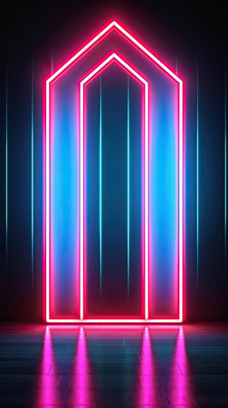 A neon light stage adorned with glowing pentagonal prisms, creating a mesmerizing interplay of light and shadow. Abstract futuristic neon light background. Generative AI artの素材