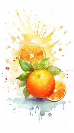 Watercolor style Orange fruit in colorful style illustration. Natural food painting art. Generative AI artの素材