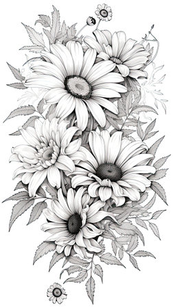 Cute Gerbera flower in coloring page style illustration. Line art painting. Generative AI artの素材