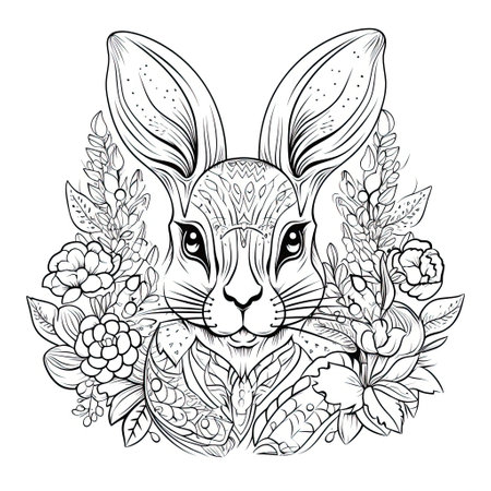 Bunny animal line art illustration. Black and white coloring page style art. Generative AI artの素材