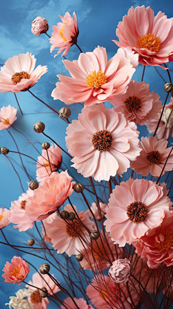 Cosmos flower illustration. Floral vintage greeting card background. Generative AI artの素材