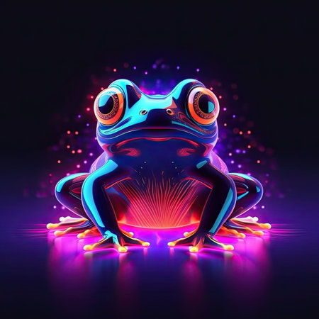 Cute Frog animal in neon style. Portrait of glow light animal. Generative AI artの素材