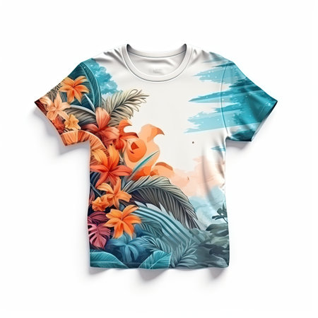 T-shirt fashion clothing with colorful pattern isolated on white background. Generative AI artの素材