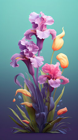 Cute Iris blooming flower. Vibrant colorful floral design with beautiful flower. Generative AI artの素材