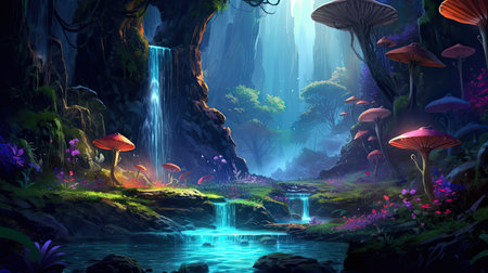 A mystical forest glen with glowing mushrooms and a cascading waterfall. Colorful illustration art. Generative AI artの素材