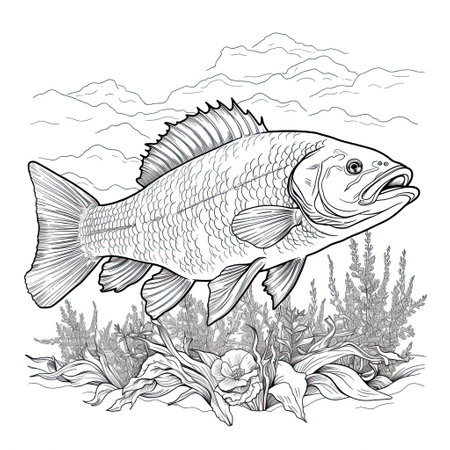 Cod fish animal line art illustration. Black and white coloring page style art. Generative AI artの素材