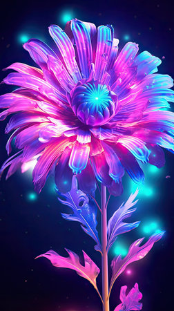 Neon light Daisy blooming flower. Modern greeting card floral design with glow light flower. Generative AI artの素材