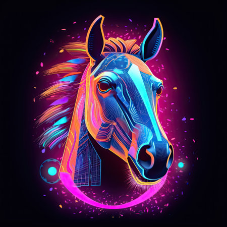 Cute Stallion horse animal in neon style. Portrait of glow light animal. Generative AI artの素材