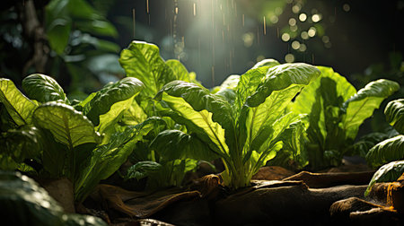 Group of big green banana leaves of exotic palm tree in sunshine on background. Tropical plant foliage with visible texture. Agriculture plants illustration. Generative AI artの素材