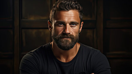 Handsome mid adult man with beard and crossed arms looking at camera. Mature middle eastern man against grey wall and smiling. Man portrait illustration. Generative AI artの素材