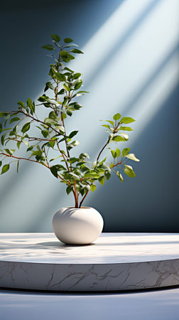 White Marble Table with Tree Shadow on Concrete Wall Texture Background, Suitable for Product Presentation Backdrop, Display, and Mock up. Background with shadow. Generative AI artの素材