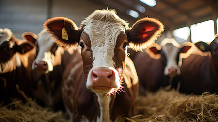 Agriculture industry, farming and animal husbandry concept - herd of cows eating hay in cowshed on dairy farm. Agriculture environment illustration. Generative AI artの素材