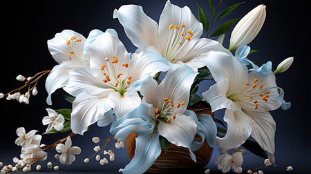 Lily turquoise-white flower on white background. Floral flower illustration. Generative AI artの素材
