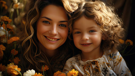 Smiling mother and baby laying on meadow. Smile emotion illustration. Generative AI artの素材