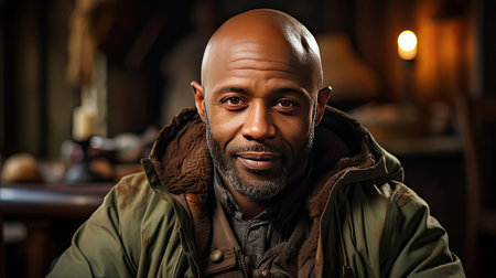 Close-up portrait of bald and bearded african american senior man in log cabin. Man portrait illustration. Generative AI artの素材