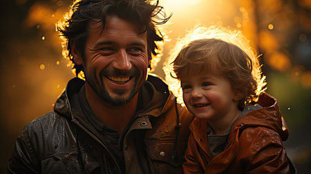 Father and son in the park. Fathers day silhouette happy family child dream concept. father carries his son on his back. People portrait illustration. Generative AI artの素材