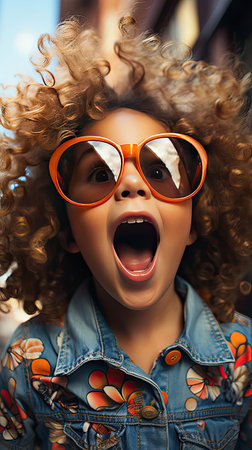 Portrait of surprised cute little toddler girl in sunglasses over background. People portrait illustration. Generative AI artの素材