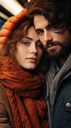 Cropped shot of bearded man hugging and supporting young sad woman. Sad emotion illustration. Generative AI artの素材