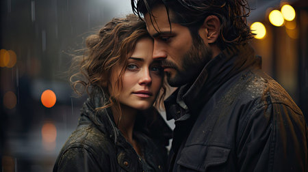 Man comforting his sad mourning friend embracing her in a park. Sad emotion illustration. Generative AI artの素材