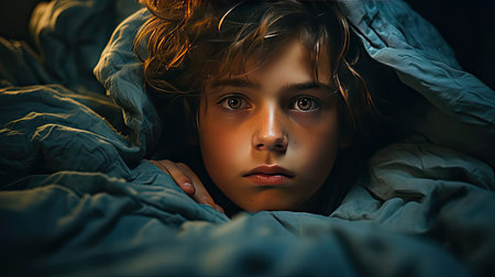 The child was scared before going to bed. Night terrors in a child. The kid covers his face with his hands in a fear. Children experiences. Sad emotion illustration. Generative AI artの素材