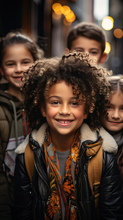 Happy diverse junior school students children group looking at camera standing in classroom. Smiling multiethnic cool kids boys and girls friends posing for group portrait together. Generative AI artの素材