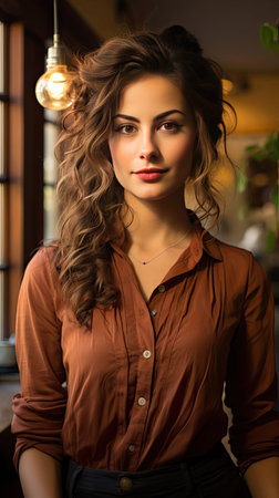 Head shot portrait smart confident smiling millennial woman standing with folded arms at home. Attractive young teenager student girl freelancer looking at camera. Generative AI artの素材