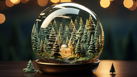 Xmas setting with Christmas tree in the woods snowglobe surrounded by white snow with three pine trees inside the globe. Christmas snow globe. Generative AI artの素材
