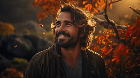 Handsome hispanic man with beard smiling happy outdoors. Man portrait illustration. Generative AI artの素材