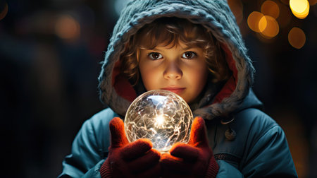 Wide-eyed boy looking at snow globe. Christmas snow globe. Generative AI artの素材