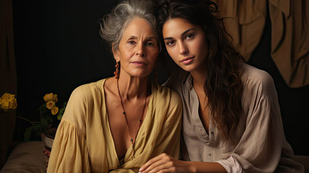 Worried aged mother embracing comforting grown up daughter with broken heart family sit on sofa, elderly mom soothe crying adult child, divorce or miscarriage. Generative AI artの素材