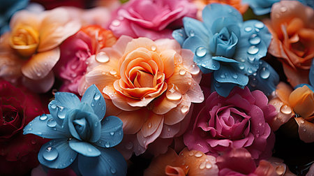 Close up of a bunch of bright colourful flowers with water droplets. Floral flower illustration. Generative AI artの素材