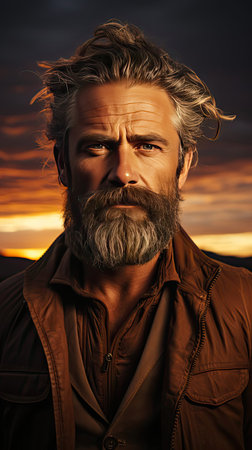 Portrait of happy mature man looking at camera outdoor. Senior businessman with beard feeling confident at sunset. Model portrait illustration. Generative AI artの素材