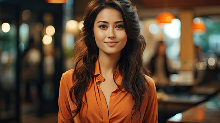 Young asian woman, professional entrepreneur standing in office clothing, smiling and looking confident, background. Model illustration. Generative AI artの素材