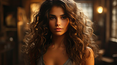 Brunette girl with long and shiny wavy hair. Beautiful model with curly hairstyle. Model illustration. Generative AI artの素材