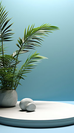 Minimal abstract blue-white background for the presentation of a cosmetic product. Premium podium with a shadow of tropical palm leaves on a blue wall and white table. Generative AI artの素材