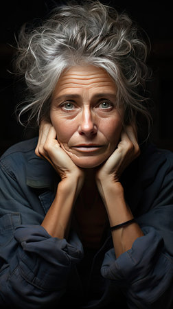 Mature depressed woman with mental illness holding head in hands. Sad emotion illustration. Generative AI artの素材