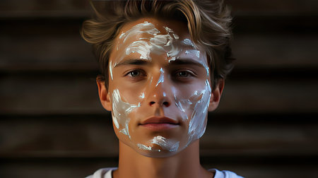 Even men like to be soft..... Studio shot of a handsome young man applying cream to his face. Man face portrait illustration. Generative AI artの素材