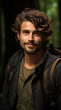 Portrait Of Young Handsome Man Smiling Outdoor. Man face portrait illustration. Generative AI artの素材