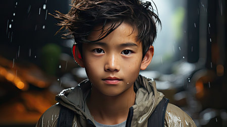 Portrait of an asian boy posing on background. People portrait illustration. Generative AI artの素材