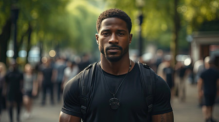 Fit sporty young African man relaxing after workout in urban park on summer day. Strong muscular guy bodybuilder sweating. Man face portrait illustration. Generative AI artの素材