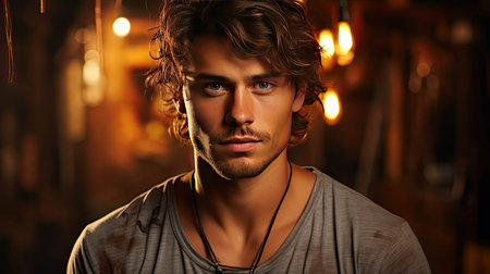 Handsome young man with athletic torso looking at camera over background. Man face portrait illustration. Generative AI artの素材