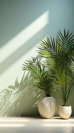 White gray grunge cement texture wall leaf plant shadow background.Summer tropical travel beach with minimal concept. Flat lay palm nature. Background with shadow. Generative AI artの素材