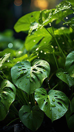 Green leaves of Monstera plant growing in wild, the tropical forest plant, evergreen vine on background. Agriculture plants illustration. Generative AI artの素材
