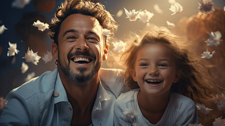 Full body young parents mom dad with child kid daughter teen girl in blue clothes giving piggyback ride to kid, sit on back on background. People portrait illustration. Generative AI artの素材