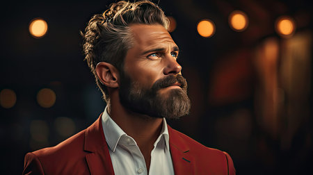 Profile side of young handsome bristle man confident look empty space over background. Man face portrait illustration. Generative AI artの素材