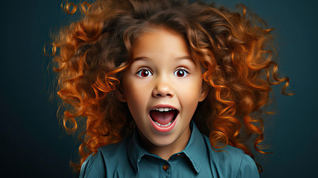 Portrait of young excited shocked crazy smiling girl child kid hold hands on background. People portrait illustration. Generative AI artの素材