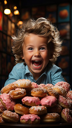 Little happy cute boy is eating donut on background wall. child is having fun with donut. Tasty food for kids. People portrait illustration. Generative AI artの素材