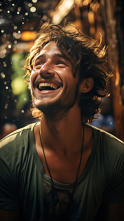 Young Brazilian man on background laughing. Man portrait illustration. Generative AI artの素材