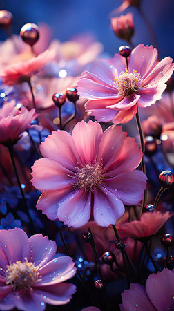 Field of cosmos flower. Floral flower illustration. Generative AI artの素材